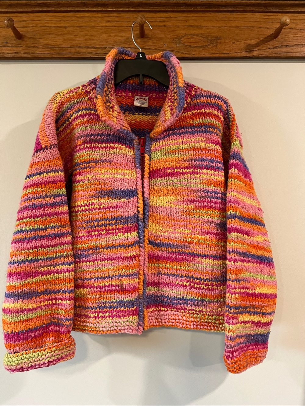 Over the Rainbow - small 100% wool, Hand-Knit Multicolor Zip-Front Jacket